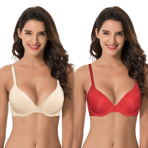 Curve Muse Damen Übergröße Vollständige Abdeckung Gepolstert Bügel-BH-2er Pack-Nackt, Rot-85B von Curve Muse