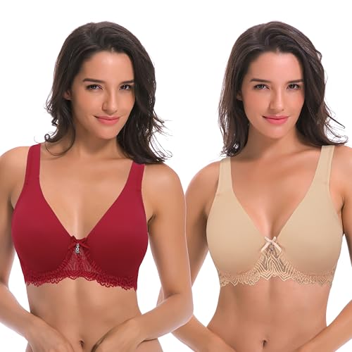 Curve Muse Damen Ungefüttert Bügel Spitze BH mit Gepolstert Schulter Gurte - 2er Pack-Dunkelrot, Nackt-100C von Curve Muse