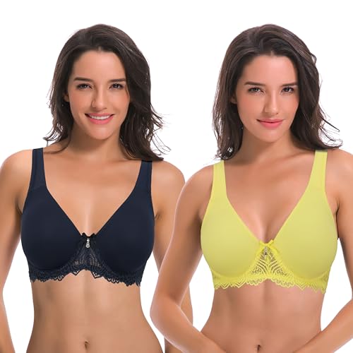Curve Muse Damen Ungefüttert Bügel Spitze BH mit Gepolstert Schulter Gurte - 2er Pack-Marine, Hellgelb-100C-V2 von Curve Muse