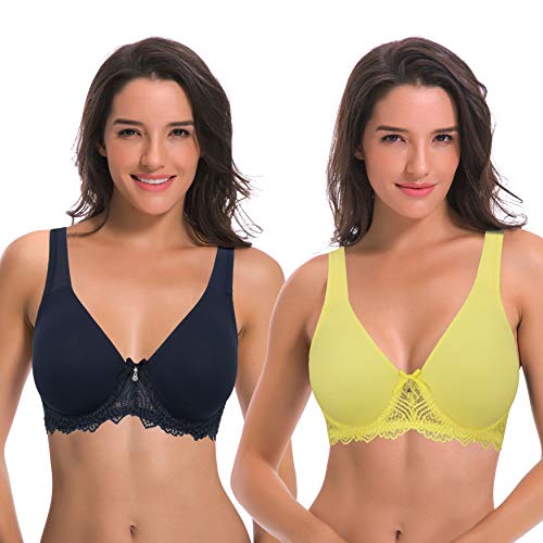 Curve Muse Damen Ungefüttert Bügel Spitze BH mit Gepolstert Schulter Gurte - 2er Pack-Marine, Hellgelb-75F-V2 von Curve Muse