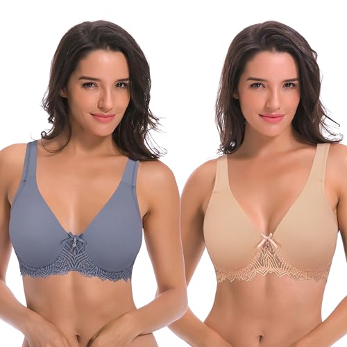 Curve Muse Damen Ungefüttert Bügel Spitze BH mit Gepolstert Schulter Gurte - 2er Pack-Nackt, Staubiges Blau-105C von Curve Muse