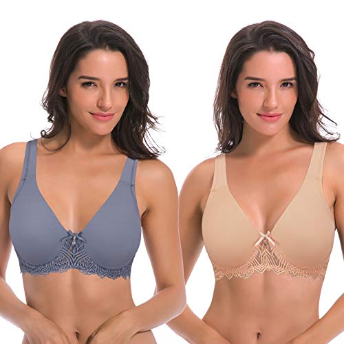 Curve Muse Damen Ungefüttert Bügel Spitze BH mit Gepolstert Schulter Gurte - 2er Pack-Nackt, Staubiges Blau-105D von Curve Muse