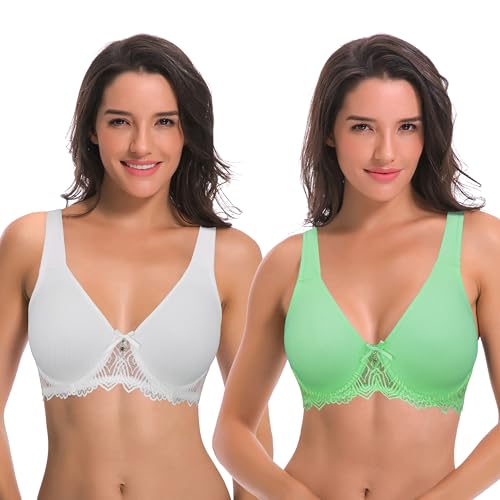 Curve Muse Damen Ungefüttert Bügel Spitze BH mit Gepolstert Schulter Gurte - 2er Pack-Weiß, Grün-100C von Curve Muse