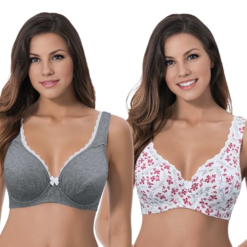 Curve Muse Damen Ungefütterter Übergröße Komfort Baumwolle Bügel-BH-2er Pack-Dark Grey,White Print-95D von Curve Muse