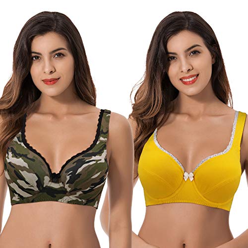 Curve Muse Damen Ungefütterter Übergröße Komfort Baumwolle Bügel-BH-2er Pack-Olive/Multi, Gelb-105F von Curve Muse