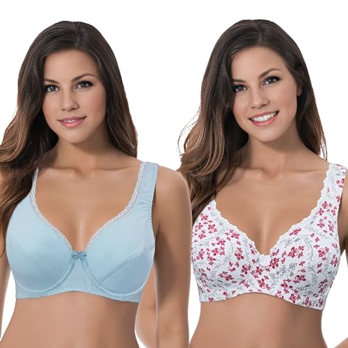 Curve Muse Damen Ungefütterter Übergröße Komfort Baumwolle Bügel-BH-2er Pack-Starlight Blue,White Print-85E von Curve Muse