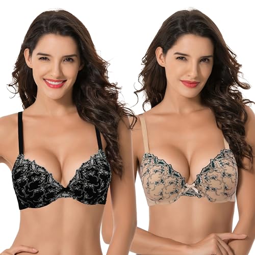 Curve Muse Frauen Übergröße 1 Tasse Hochdrücken Bügelspitze hinzufügen Stickerei BHs-2er Pack-Nackt, Schwarz-90B von Curve Muse