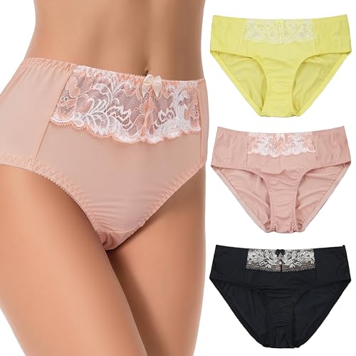 Curve Muse Frauen Übergröße Brief Unterwäsche Unterhosen mit Spitzenstickerei-3er Pack-Gelb,Nude,Schwarz-40/42 von Curve Muse