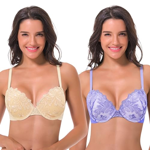 Curve Muse Frauen Übergröße Hochdrücken Fügen Sie 1 und eine halbe Tasse hinzu Bügel Spitze Gittergewebe BH-2er Pack-Nackt,Mave-80E von Curve Muse
