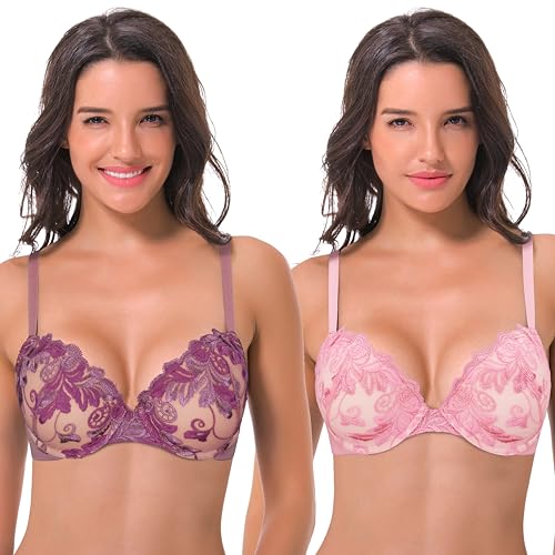 Curve Muse Frauen Übergröße Hochdrücken Fügen Sie 1 und eine halbe Tasse hinzu Bügel Spitze Gittergewebe BH-2er Pack-Rosa,Traube-90C von Curve Muse