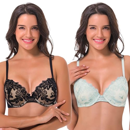 Curve Muse Frauen Übergröße Hochdrücken Fügen Sie 1 und eine halbe Tasse hinzu Bügel Spitze Gittergewebe BH-2er Pack-Schwarz,Blau Blumen-85C von Curve Muse