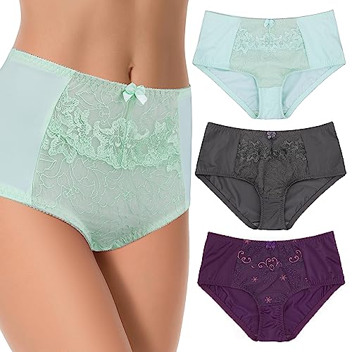 Curve Muse Frauen Übergröße Shaper Brief Unterwäsche Unterhosen mit Spitzenstickerei-3er Pack-Grau,Mint,Pflaume-44/46 von Curve Muse