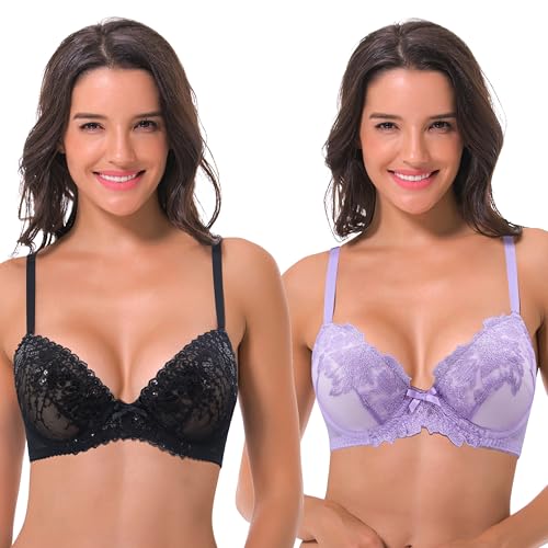 Curve Muse Leicht wattierter Bügel-BH für Damen in großen Größen mit bestickter Spitze - 2er Pack-Lavendel,Schwarz-85B von Curve Muse