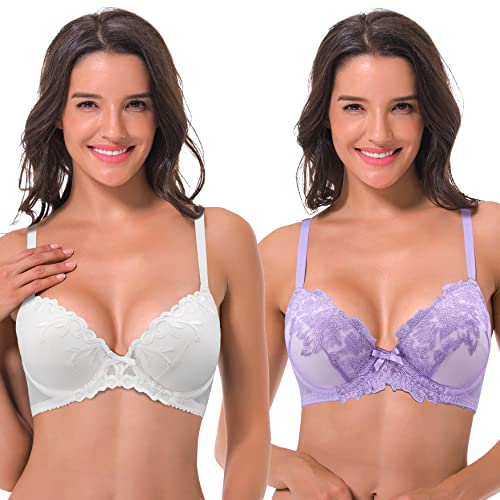 Curve Muse Leicht wattierter Bügel-BH für Damen in großen Größen mit bestickter Spitze - 2er Pack-Lavendel,Weiß-75B von Curve Muse