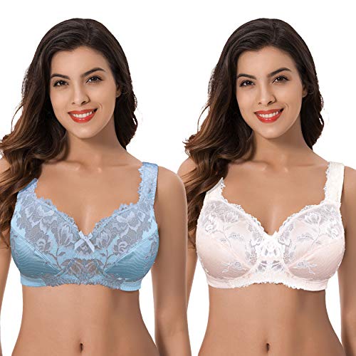 Curve Muse Damen Plus Size Minimizer Ungefüttert Wireless Lace Full Coverage BHs, Blau/Rosa, 110E von Curve Muse