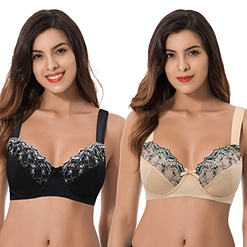 Curve Muse Minimizer-Bügel-BH für Damen, Übergröße, mit Spitzenstickerei, 2 oder 3 Stück, Nude, Schwarz (2 Stück), 110D von Curve Muse