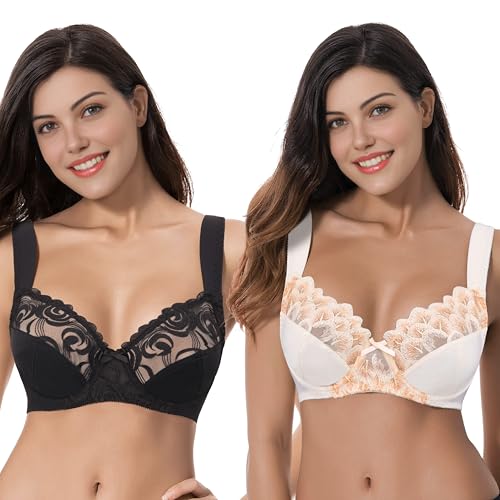 Curve Muse Minimizer-Bügel-BH für Damen, Übergröße, mit Spitzenstickerei, 2 oder 3 Stück, Schwarz, Pfirsich (2er-Pack)., 100E von Curve Muse
