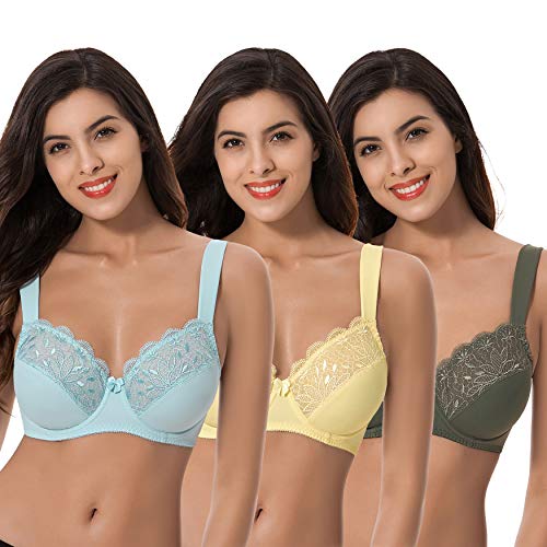 Curve Muse Minimizer-Bügel-BHs in Übergröße, ungefüttert, mit Stickerei, Spitze, 2 oder 3 Stück, Gelb, Jägergrün, Hellblau (3er-Pack)., 110B von Curve Muse