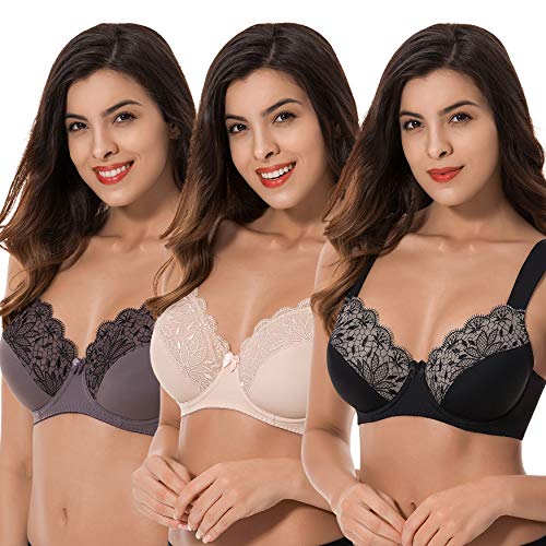 Curve Muse Minimizer-Bügel-BHs in Übergröße, ungefüttert, mit Stickerei, Spitze, 2 oder 3 Stück, Grau, Rosa, Schwarz (3er-Pack), 100B von Curve Muse