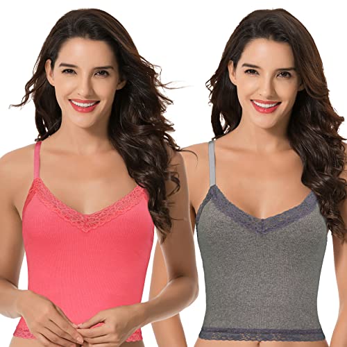 Curve Muse Übergröße Damen Ungefütterte, kabellose Longline Baumwoll-BH mit Spitzenbesatz-2er Pack-M-Grau,Koralle von Curve Muse