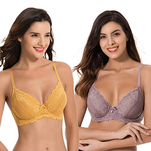 Curve Muse Semi-Sheer Balconette Bügel-Spitzen-BH und überbackene Säume-2er Pack-Gold, Lila-110C von Curve Muse