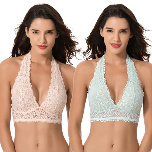 Curve Muse Stürzen Bralette mit Blumenspitze - 2er Pack - Salbei,Licht Rosa - XXL von Curve Muse