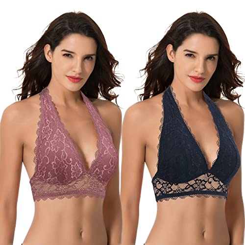 Curve Muse Stürzen Bralette mit Blumenspitze - 2er Pack - Violett, Schwarz - XL von Curve Muse