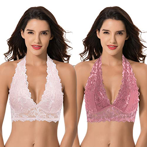 Curve Muse Stürzen Bralette mit Blumenspitze - 2er Pack - Licht Rosa,Violett - XXL von Curve Muse