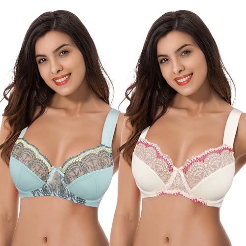 Curve Muse Übergröße Minimizer Bügel-BH mit Stickspitze - 2er Pack-Blauer Dunst, Hell-Pink-105F von Curve Muse