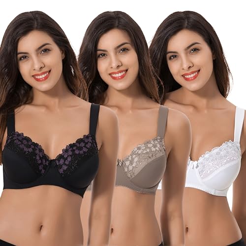 Curve Muse Übergröße Minimizer Bügel Ungefütterte BHS mit Stickspitze - 3er Pack-Weiß,Schwarz,Buttermilch-100D von Curve Muse