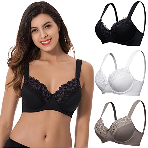 Curve Muse Übergröße Minimizer Bügel Ungefütterte BHS mit Stickspitze - 3er Pack-Weiß,Schwarz,Buttermilch-80B von Curve Muse