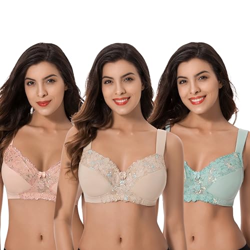 Curve Muse Übergröße Minimizer Ungefüttert Drahtloser BH mit Spitzenstickerei-3er Pack-Blush,Sage,Nude-105D von Curve Muse