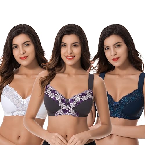 Curve Muse Übergröße Minimizer Ungefüttert Drahtloser BH mit Spitzenstickerei-3er Pack-Weiß, Marine, Grau-95E von Curve Muse