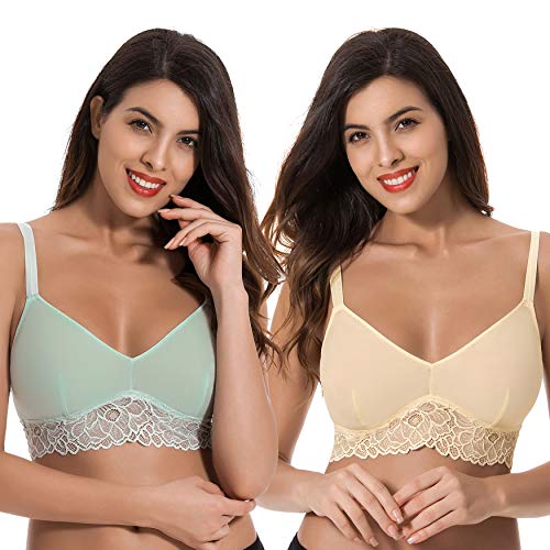 Curve Muse Übergröße Plunge-BH Ungefüttert Bralette mit Blumen Spitze-2er Pack-XL-Gelb, Salbei von Curve Muse