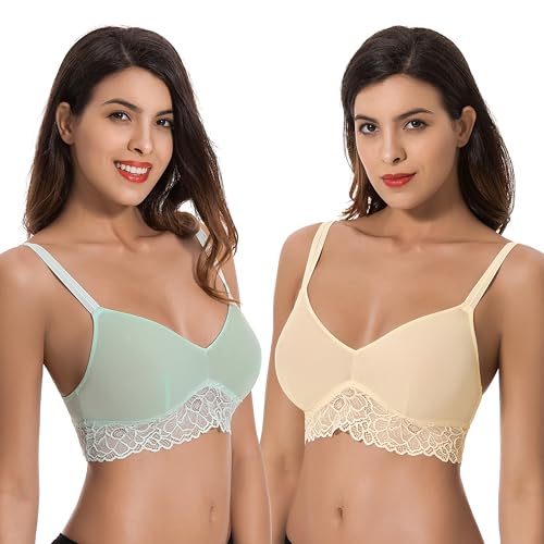 Curve Muse Übergröße Plunge-BH Ungefüttert Bralette mit Blumen Spitze-2er Pack-XXL-Gelb, Salbei von Curve Muse