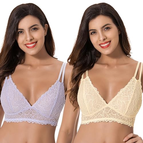 Curve Muse Übergröße Plunge-BH Ungefüttert Bralette mit Blumen Spitze-2er Pack-XXL-Gelb,Lavendel von Curve Muse