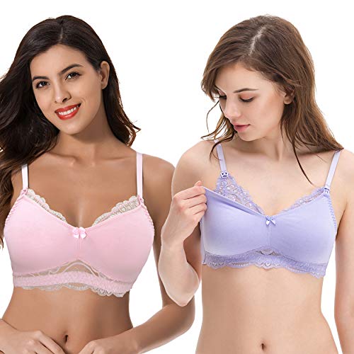 Curve Muse Übergröße Still Baumwolle Ungefüttert Drahtloser BH Mit Spitzenbesatz-2er Pack-Rosa,Lavendel-100E von Curve Muse