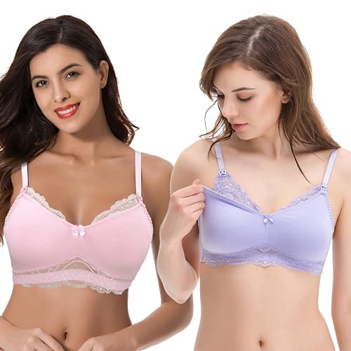 Curve Muse Übergröße Still Baumwolle Ungefüttert Drahtloser BH Mit Spitzenbesatz-2er Pack-Rosa,Lavendel-105E von Curve Muse