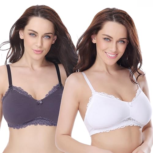 Curve Muse Übergröße Still Baumwolle Ungefüttert Drahtloser BH Mit Spitzenbesatz-2er Pack-Schiefer, Weiß-105C von Curve Muse