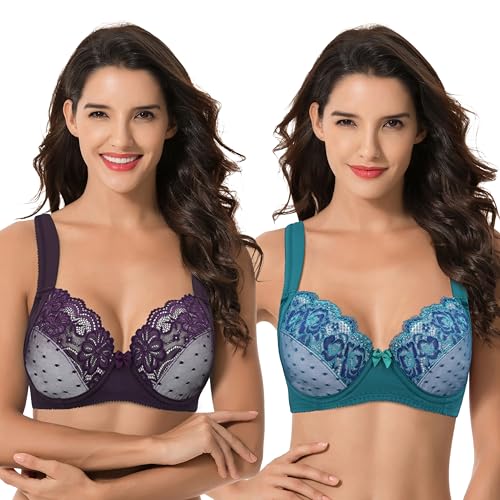 Curve Muse Übergröße Ungefüttert Bügel Spitzen-BH mit gepolsterten Schultergurten-2er Pack-Berry,Teal -80C von Curve Muse