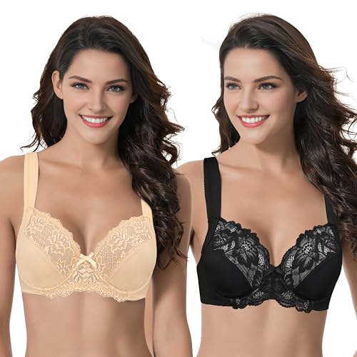 Curve Muse Übergröße Ungefüttert Bügel Spitzen-BH mit gepolsterten Schultergurten-2er Pack-Black,Nude-90C von Curve Muse