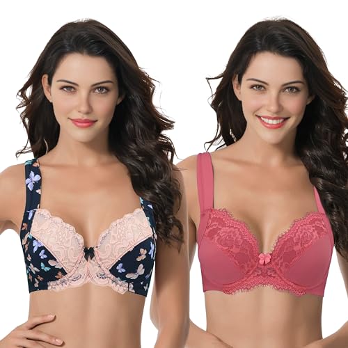 Curve Muse Übergröße Ungefüttert Bügel Spitzen-BH mit gepolsterten Schultergurten-2er Pack-Black Print,Rose-100B von Curve Muse