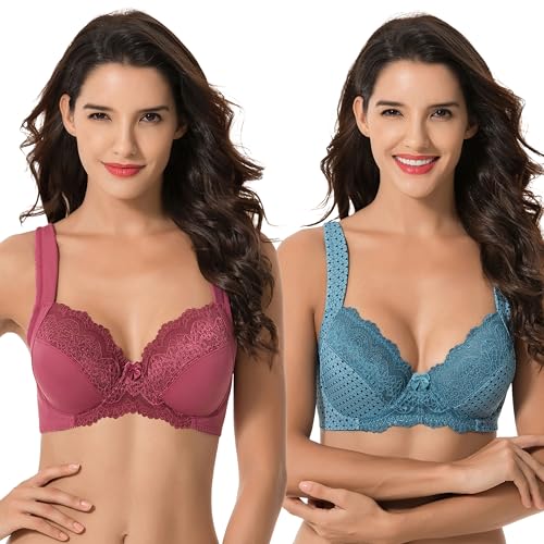 Curve Muse Übergröße Ungefüttert Bügel Spitzen-BH mit gepolsterten Schultergurten-2er Pack-Blausteiniger Druck, Violett-85C von Curve Muse