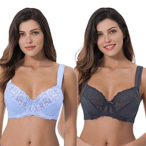 Curve Muse Übergröße Ungefüttert Bügel Spitzen-BH mit gepolsterten Schultergurten-2er Pack-Blue,Grey-100F von Curve Muse