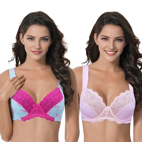 Curve Muse Übergröße Ungefüttert Bügel Spitzen-BH mit gepolsterten Schultergurten-2er Pack-Blue Print,Light Pink-75E von Curve Muse