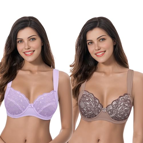 Curve Muse Übergröße Ungefüttert Bügel Spitzen-BH mit gepolsterten Schultergurten-2er Pack-Brown,Lavender-90C von Curve Muse