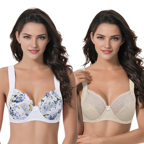Curve Muse Übergröße Ungefüttert Bügel Spitzen-BH mit gepolsterten Schultergurten-2er Pack-Cream,Nude-90C von Curve Muse