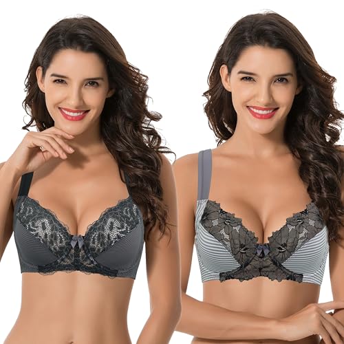 Curve Muse Übergröße Ungefüttert Bügel Spitzen-BH mit gepolsterten Schultergurten-2er Pack-Dk Grauer Druck,Grauer Druck-95F von Curve Muse