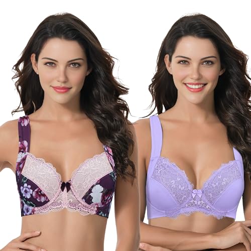 Curve Muse Übergröße Ungefüttert Bügel Spitzen-BH mit gepolsterten Schultergurten-2er Pack-Lavender,Pink Print-110C von Curve Muse