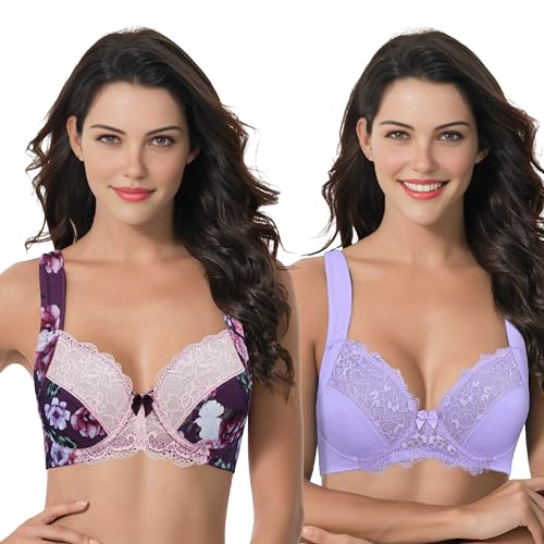 Curve Muse Übergröße Ungefüttert Bügel Spitzen-BH mit gepolsterten Schultergurten-2er Pack-Lavender,Pink Print-90F von Curve Muse